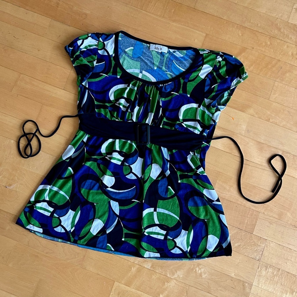 Ally B Abstract, Colorful Belted Blouse, Blue, Green, Green, White, Size L - Picture 15 of 17
